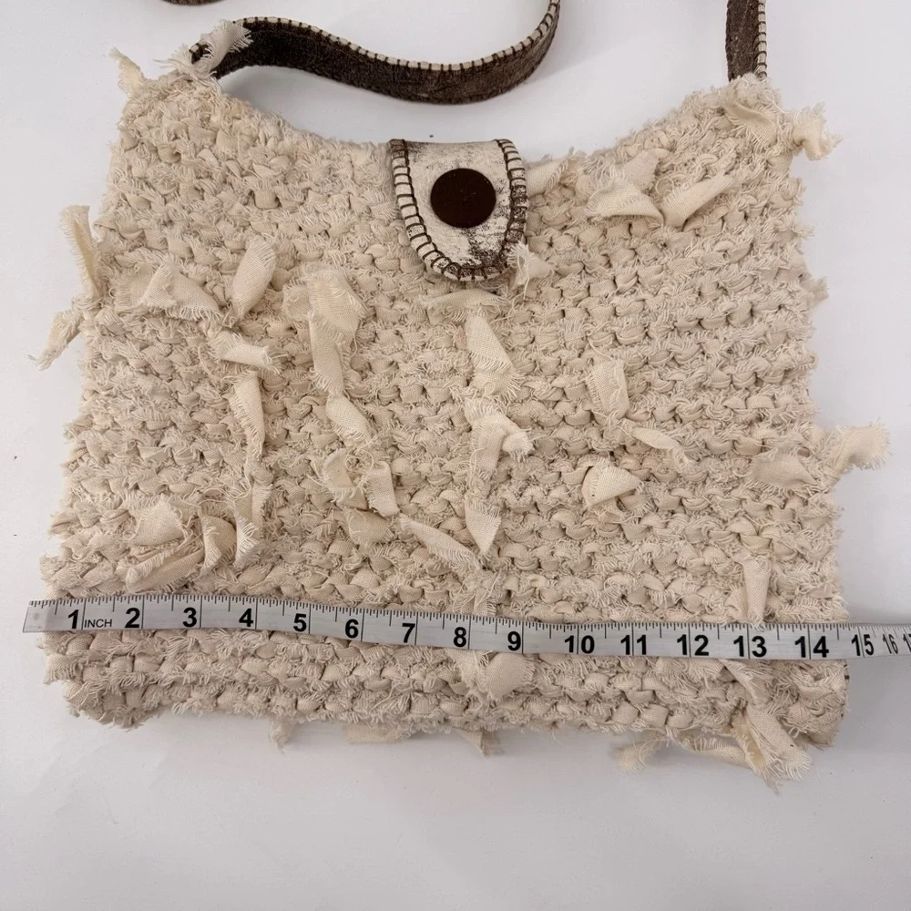 Handmade Boho Crochet Crossbody Bag Leather Trim‎ Satin Lined Neutral Rustic - Picture 9 of 15